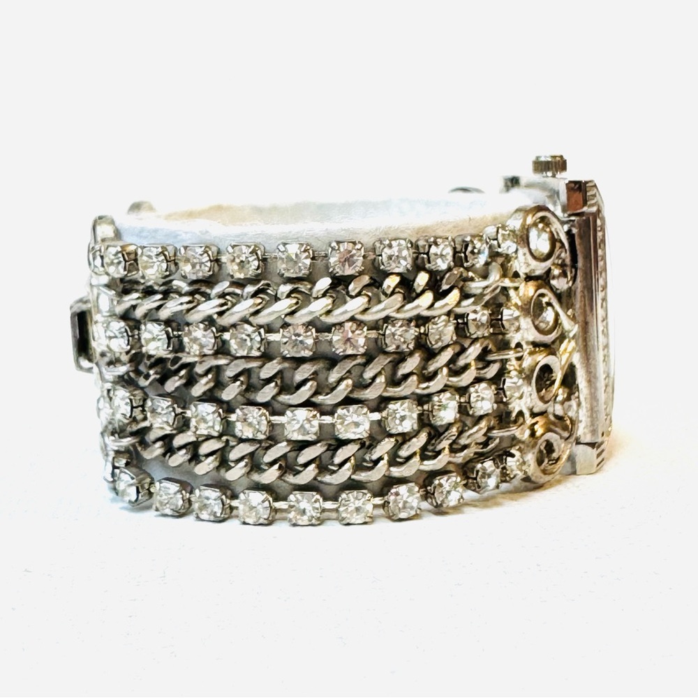 Vintage Forem Mother Of Pearl Women's Silver Crystals Chain Bracelet Watch - Picture 7 of 12